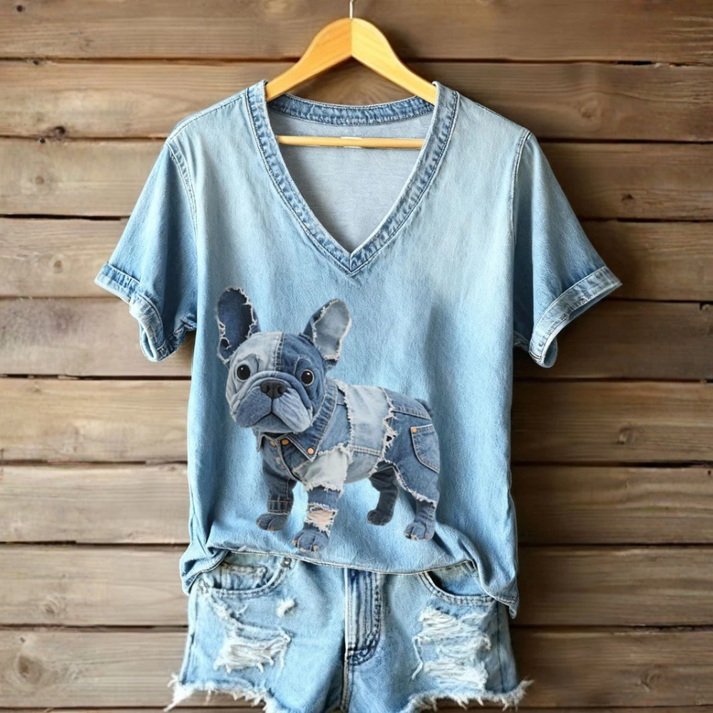 Dulce - Women's V-Neck T-Shirt in French Bulldog Style