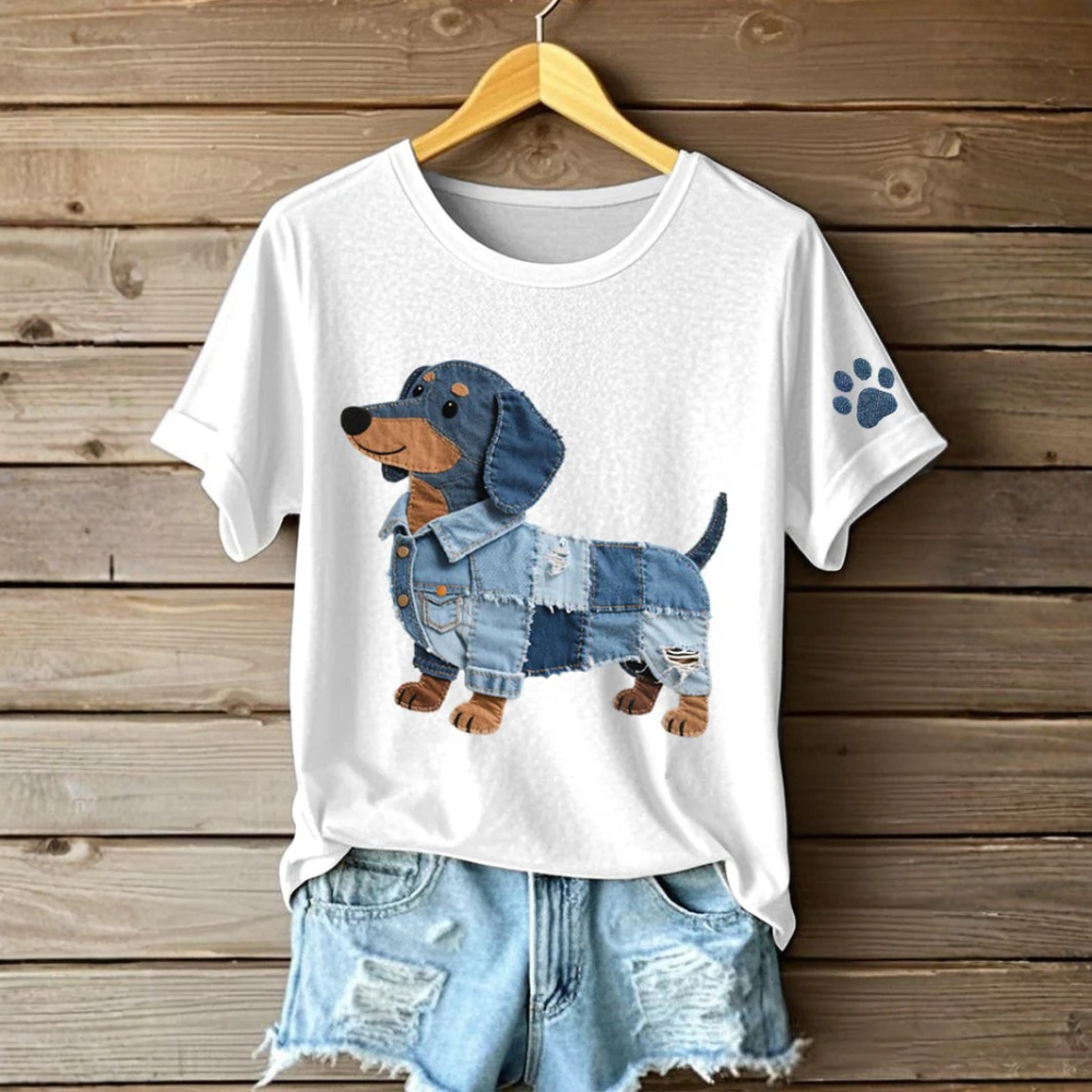 Ciela - Women's Patchwork Art Jeans T-Shirt with Dachshund Pattern