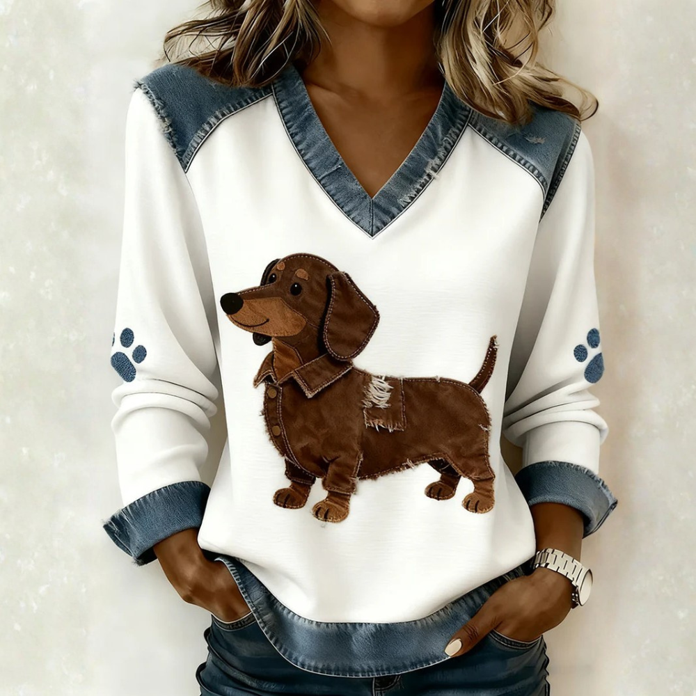 Paloma - Women's retro top with V-neck, animal print patchwork, comfortable and loose-fitting