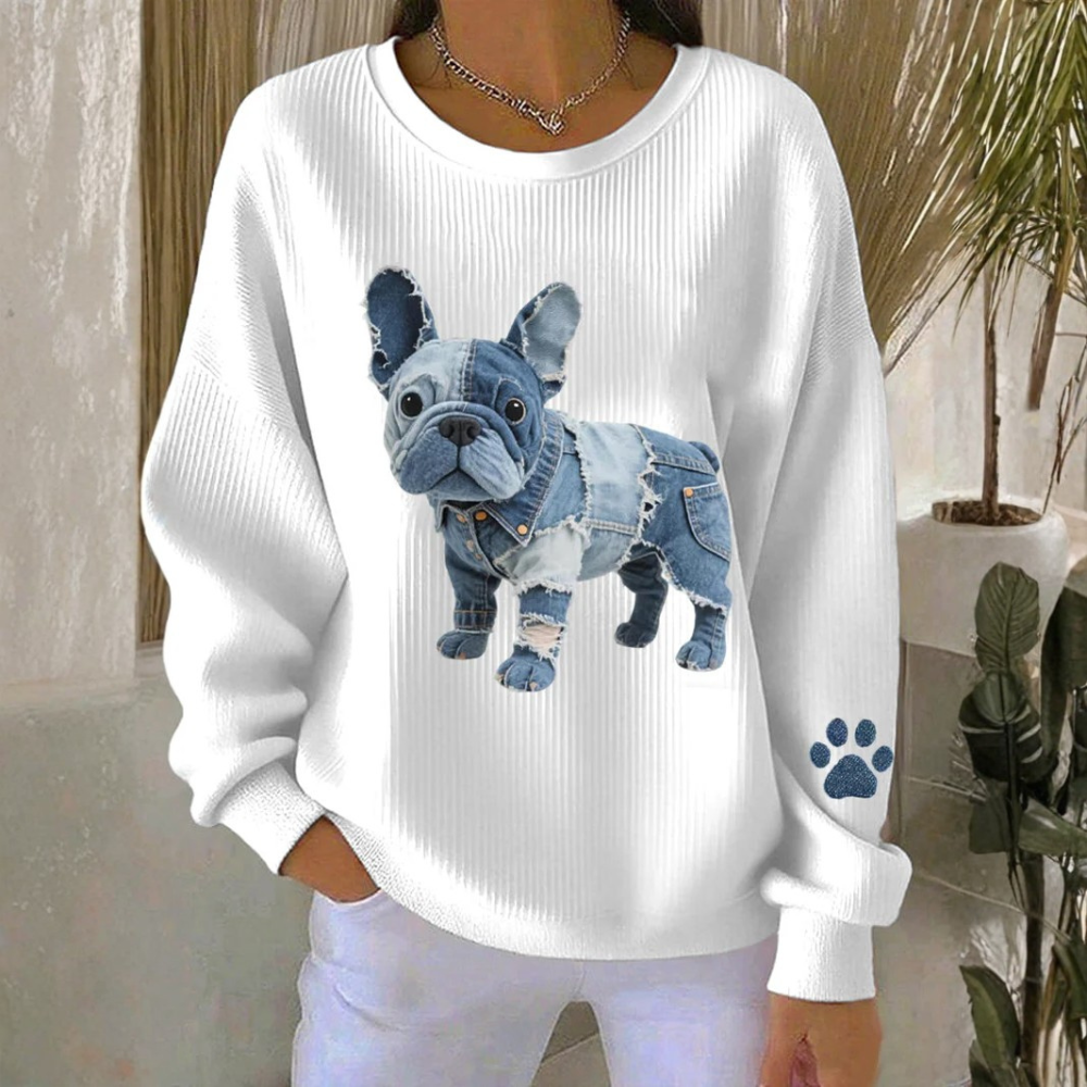 Rosa - Women's Sweatshirt with French Bulldog Denim Patchwork