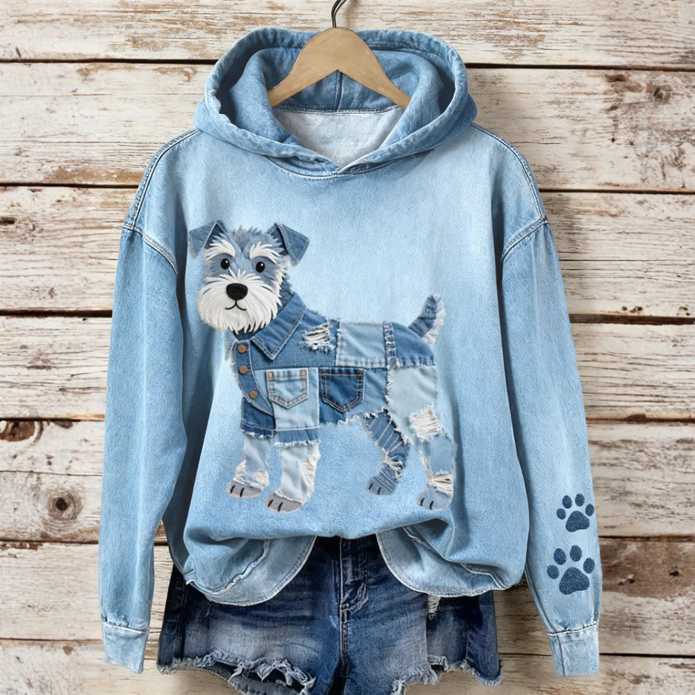 Lola - Patchwork Art Schnauzer Denim Sweatshirt for Women with Dog Motif