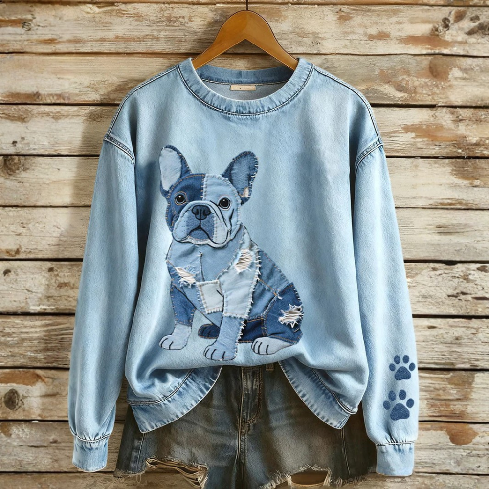 Nina - Women's Sweatshirt with Denim Patchwork in French Bulldog Style