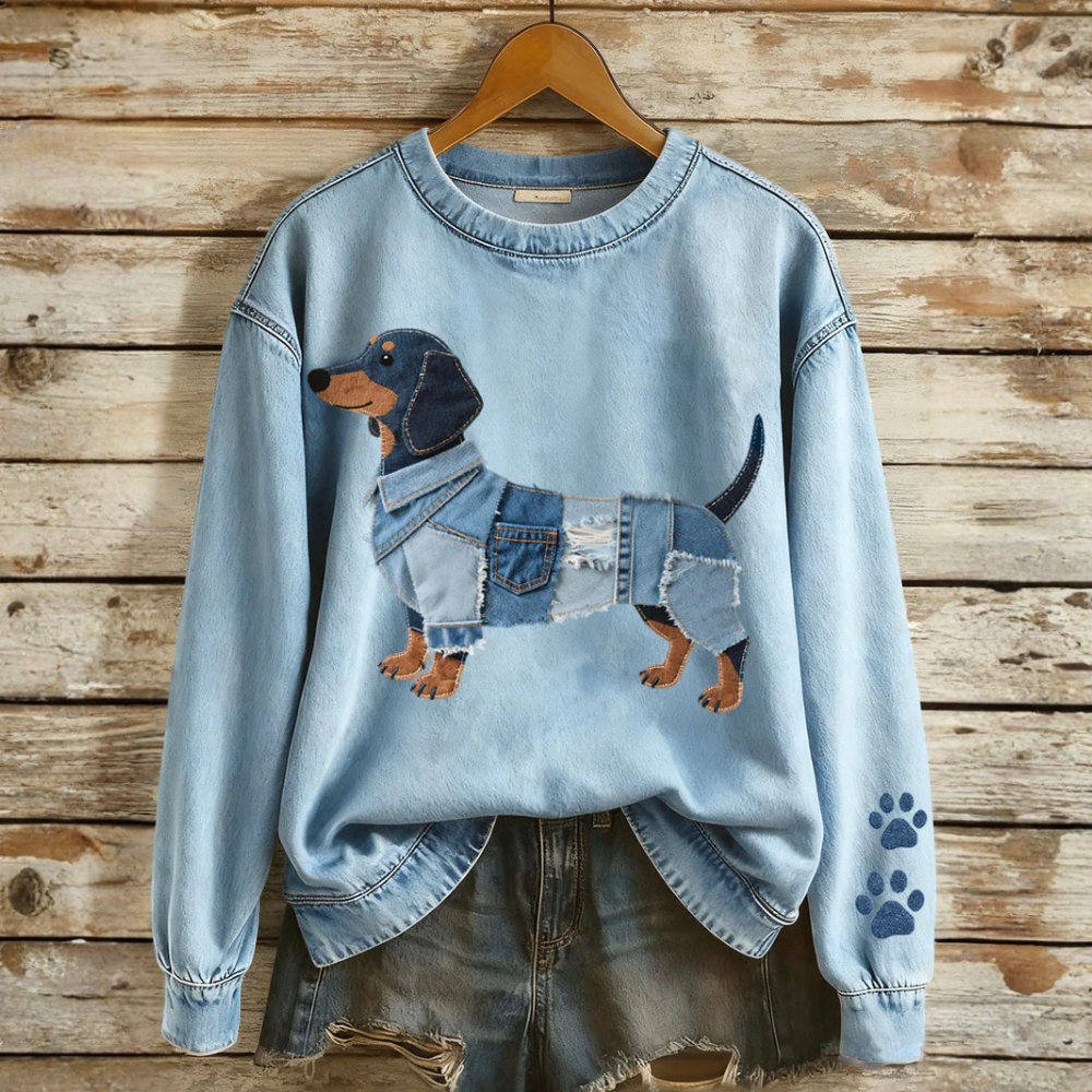 Sol - Women's Sweatshirt with Denim Patchwork and Dachshund Motif