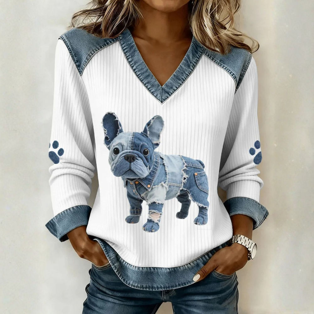 April - Artistic patchwork denim top for women with a V-neck