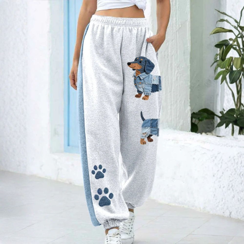 Cinnamon - Women's Jeans with Patchwork and Dachshund Pattern