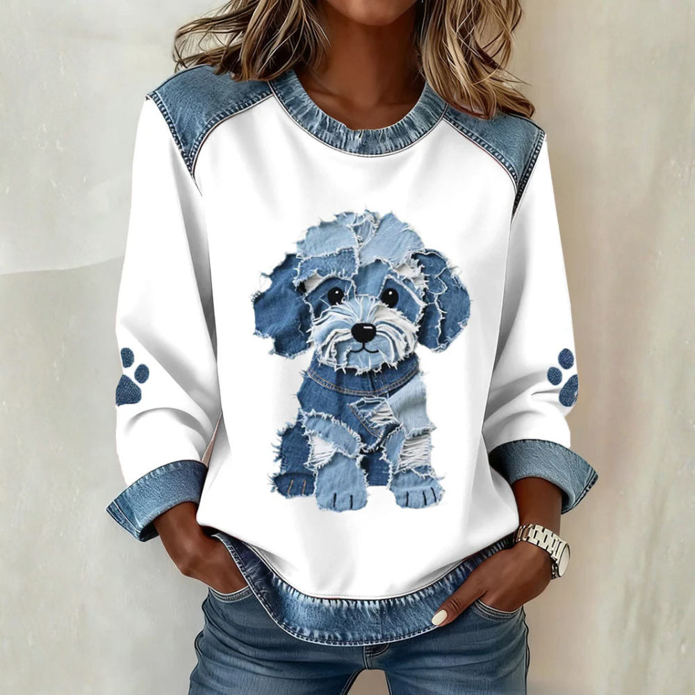 Light - Women's Sweatshirt with Patchwork Design and Denim Print of a Fluffy Dog