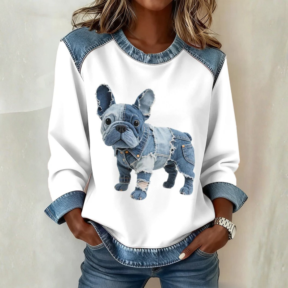 Alma - Women's Sweatshirt with Denim Patchwork in French Bulldog Style