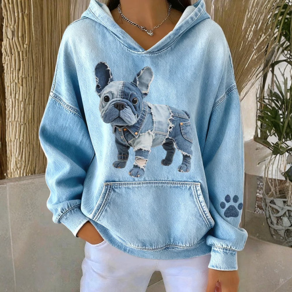 Blanca - Striped French Bulldog Hoodie with Denim Patch for Women