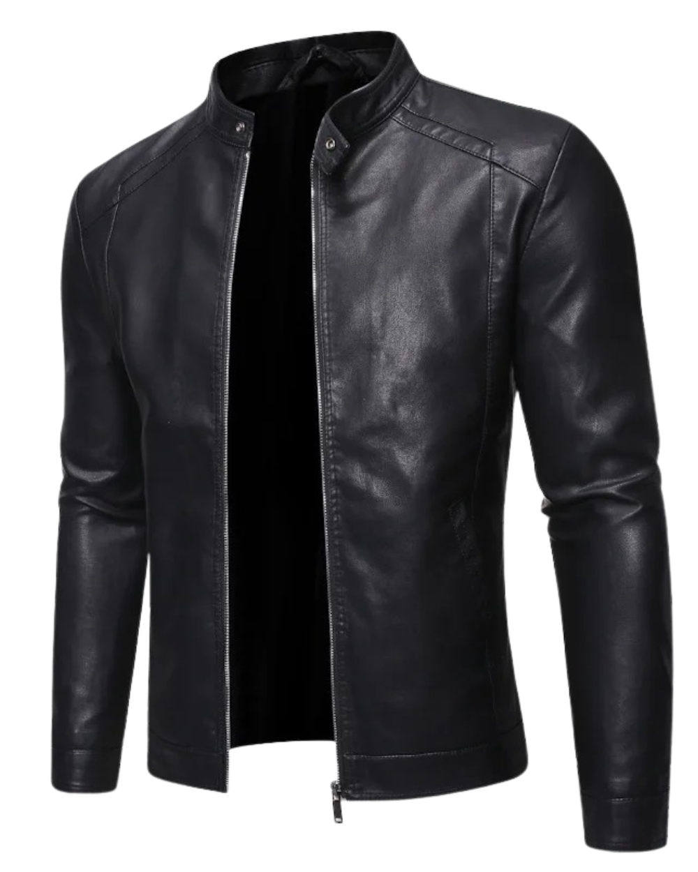Leather jacket with stand-up collar