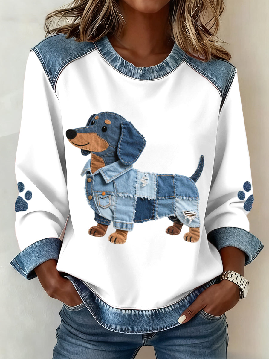 Brisa - Women's Sweatshirt with Patchwork Design and Dachshund Pattern